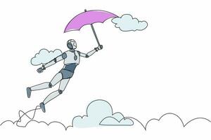 Single continuous line drawing robot flying in the sky with his umbrella. Modern robotic artificial intelligence. Electronic technology industry. Dynamic one line graphic design vector illustration