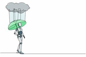 Continuous one line drawing robot with umbrella stand under rain cloud. Depression, passerby at rainy weather. Humanoid robot cybernetic organism. Single line draw design vector graphic illustration