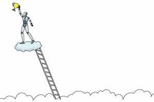 Continuous one line drawing robot climb ladder and holding trophy in cloud. Showing award celebrates his victory in sky. Humanoid robot cybernetic organism. Single line draw design vector illustration