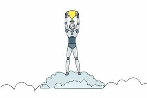 Single continuous line drawing robot holding trophy in cloud. Showing award celebrates his victory in sky. Robotic artificial intelligence. Electronic technology. One line design vector illustration