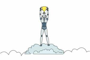 Single continuous line drawing robot holding trophy in cloud. Showing award celebrates his victory in sky. Robotic artificial intelligence. Electronic technology. One line design vector illustration