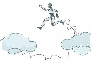 Single one line drawing fearless brave robot make risk by jump over clouds to reach his success. Future technology. Artificial intelligence. Continuous line draw design graphic vector illustration