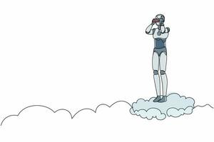 Single one line drawing robot on cloud holding binocular to search for business visionary. Future technology development. Artificial intelligence. Continuous line design graphic vector illustration