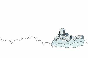 Single continuous line drawing robot lay on the clouds and dreaming or thinking something. Robotic artificial intelligence. Electronic technology industry. One line draw design vector illustration