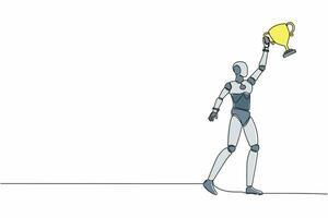 robot de dibujo de una sola línea sosteniendo un trofeo con una mano. éxito y consecución de objetivos. competencia ganadora. desarrollo tecnológico futuro. ilustración de vector gráfico de diseño de dibujo de línea continua