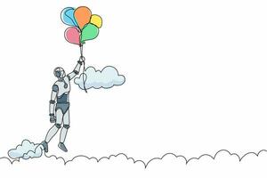 Single continuous line drawing robot floating with balloon. Robot holding balloon flying through cloud. Robotic artificial intelligence. Electronic technology. One line draw design vector illustration