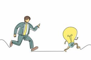 Continuous one line drawing businessman run chasing try to catch idea light bulb. Concept of creativity, competition and innovation. Business metaphor. Single line design vector graphic illustration