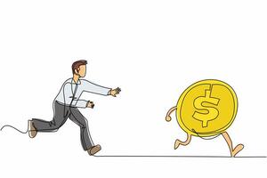 Single one line drawing businessman run chasing try to catch high performance attractive dollar coin. Chasing high performance active mutual fund. Continuous line design graphic vector illustration