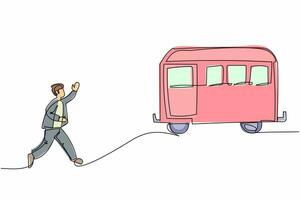 dibujo de una sola línea continua hombre de negocios correr persiguiendo tratar de tomar el tren. Date prisa para conseguir transporte, vehículo público de pasajeros. metáfora empresarial. ilustración de vector de diseño gráfico de una línea