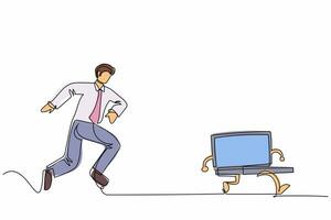 Continuous one line drawing furious businessman chasing laptop computer. Concept of stress, angry, burnout, headache, depression. Business metaphor. Single line draw design vector graphic illustration