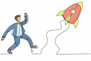 Single continuous line drawing businessman run chasing try to catch flying rocket. Concept of competitive, advantage, growth, marketing. Business metaphor. One line graphic design vector illustration