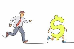 Single one line drawing businessman chasing dollar symbol, trying to catch it, return his money. Financial crisis, ROI, return on investment business. Continuous line draw design vector illustration