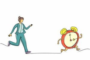 Single continuous line drawing stressed businesswoman chasing alarm clock. Manager being chased by work deadlines. Running out of time. Business metaphor. One line graphic design vector illustration