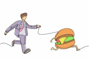 un solo hombre de negocios de dibujo de línea continua corre persiguiendo tratando de atrapar una sabrosa hamburguesa de comida rápida. comida chatarra, insalubre, sobrepeso, obesidad. metáfora empresarial. ilustración de vector de diseño de dibujo de una línea