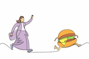 Single continuous line drawing businesswoman run chasing try to catch tasty fast food hamburger. Junk food, unhealthy, overweight, obesity. Business metaphor. One line draw design vector illustration