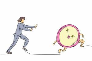 Single one line drawing stressed businesswoman chasing time or clock. Office worker being chased by work deadlines. Running out of time. Modern continuous line draw design graphic vector illustration