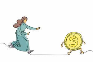 Single continuous line drawing businesswoman run chasing try to catch high performance attractive dollar coin. Chasing high performance active mutual fund. One line graphic design vector illustration