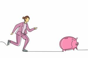 Single continuous line drawing businesswoman chasing piggy bank, trying to catch it and return his money. Financial crisis, ROI, return on investment business. One line draw design vector illustration