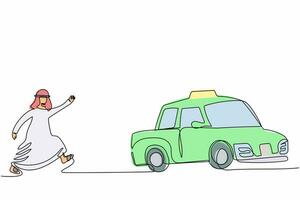 dibujo de una línea continua hombre de negocios árabe corriendo persiguiendo un taxi. gerente árabe con prisa corriendo para conseguir un automóvil, muévase con gran prisa para tomar el transporte público. vector de diseño de dibujo de una sola línea