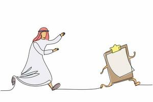 Single continuous line drawing Arab businessman chasing clipboard. Paperwork, filing checklist. Arabian manager signing document. Business metaphor. One line draw graphic design vector illustration