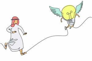 Continuous one line drawing Arab businessman chasing and catch flying light bulb. Capture new business ideas, search for innovation, creativity, invention. Single line draw design vector illustration