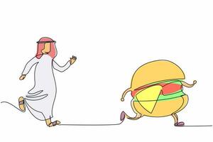 Continuous one line drawing Arab businessman run chasing hamburger. Favorite tasty fast food, hungry time, obesity, unhealthy. Business metaphor. Single line draw design vector graphic illustration