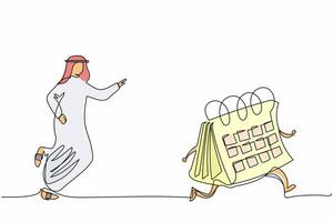 Single continuous line drawing Arab businessman chasing calendar. Employee plans his schedule and appointments for the month. Time management and optimization, planning. One line graphic design vector