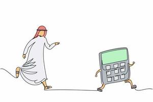 Single one line drawing Arab businessman chasing calculator. Concept of financial audit or professional accounting service, calculation of expenses. Continuous line design graphic vector illustration