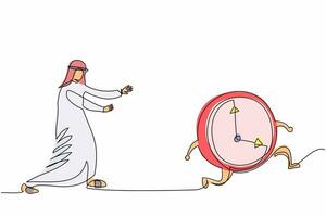 Continuous one line drawing Arab businessman chasing time. Manager runs after clock. Business concept of deadline, time management, fear of being late. Single line design vector graphic illustration