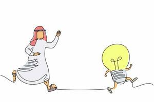 Single one line drawing Arab businessman chasing light bulb. Imagination for new business or brainstorm ideas. Motivated employee seek solution. Continuous line draw design graphic vector illustration