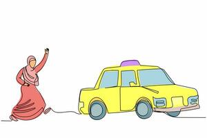Single continuous line drawing Arabian businesswoman chasing taxi. Office manager late and running to get cab. Transportation and vehicle in deadlines. One line draw graphic design vector illustration