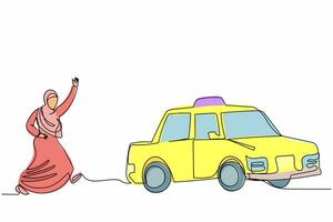 dibujo de una sola línea continua mujer de negocios árabe persiguiendo taxi. el gerente de la oficina llega tarde y corre a buscar un taxi. transporte y vehículo en plazos. ilustración de vector de diseño gráfico de dibujo de una línea