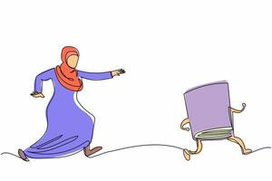 una sola línea continua dibujando una mujer de negocios árabe persiguiendo un libro de texto. programa de educación y aprendizaje para estudiantes. literatura, diccionarios, enciclopedia. ilustración de vector de diseño gráfico de dibujo de una línea