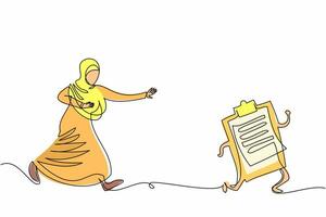 Continuous one line drawing Arabian businesswoman chasing clipboard. Female Arabian boss filing checklist, survey, signing document, and paperwork. Single line draw design vector graphic illustration