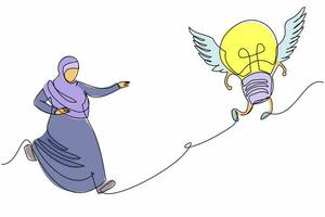 Continuous one line drawing Arab businesswoman chase flying light bulb. Innovation and invention for new business ideas. Searching project creativity. Single line design vector graphic illustration