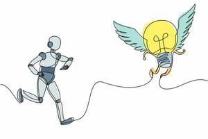 un solo robot de dibujo de una línea persiguiendo una bombilla voladora. búsqueda de creatividad, nueva invención. desarrollo tecnológico futuro. inteligencia artificial. ilustración de vector de diseño gráfico de línea continua