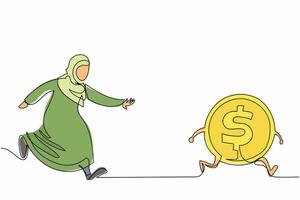 Continuous one line drawing Arab businesswoman chase dollar coin. Office worker want to get much money as possible. Arabian manager chasing success. Single line draw design vector graphic illustration