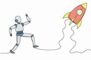 Single continuous line drawing robot run chasing rocket take off. Launching start up business tech. Robotic artificial intelligence. Electronic technology industry. One line draw graphic design vector