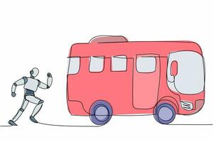 Single one line drawing robot run chasing bus. Tech system analysis in public transportation. Future technology development. Artificial intelligence. Continuous line graphic design vector illustration