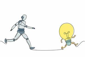 Continuous one line drawing robot chasing light bulb. Innovation for new business ideas. Humanoid robot cybernetic organism. Future robotic development. Single line design vector graphic illustration