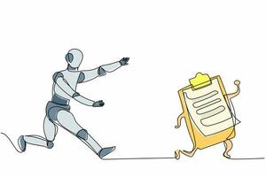 Single continuous line drawing robot chasing clipboard. Checklist document machine operation. Robotic artificial intelligence. Electronic technology industry. One line draw design vector illustration