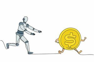 Continuous one line drawing robot chase dollar coin. Huge money in robotic industry investment. Humanoid robot cybernetic organism. Robotic development. Single line graphic design vector illustration