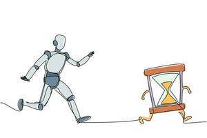 Continuous one line drawing robot chasing hourglass. Time management and schedule of operation factory. Humanoid robot cybernetic organism development. Single line design vector graphic illustration