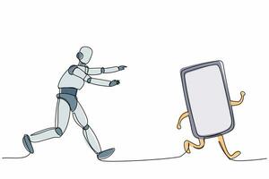 Single continuous line drawing robot run chasing smartphone. Communication revolution. Robotic artificial intelligence. Electronic technology industry one line draw graphic design vector illustration