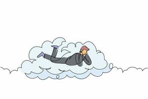 Single continuous line drawing dreamer businessman lay on clouds and dreaming or thinking something about new business. Relaxes man lying on the cloud. One line draw graphic design vector illustration