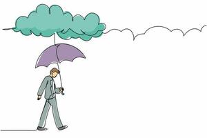 Single continuous line drawing businessman walking with umbrella under rain cloud. Depression, passerby at rainy weather. Drenched man, water pour from sky. One line graphic design vector illustration