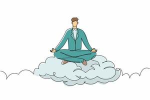 Single one line drawing young businessman relaxes and meditates in lotus position on clouds. Peaceful man relaxing with yoga or meditation pose. Continuous line draw design graphic vector illustration