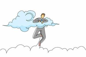 dibujo de una sola línea continua feliz hombre de negocios colgado en las nubes. esperando el éxito, la libertad financiera, el proyecto empresarial ganador, el concepto de logro. ilustración de vector de diseño gráfico de dibujo de una línea