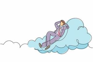 Single one line drawing relaxed and successful businessman relaxing laying on clouds. Happy and enjoy male relaxation, vacation, take a break. Continuous line draw design graphic vector illustration