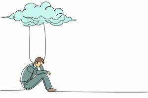 Single continuous line drawing depressed businessman feeling sad. Sitting under rain and cloud. Unhappy male loneliness, stress with business problem. One line draw graphic design vector illustration